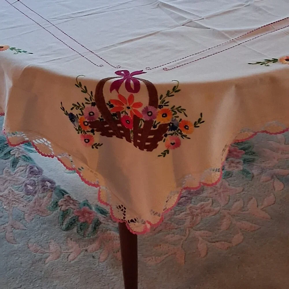 Vintage 1950s Hand Embroidered Easter Basket Tablecloth 72x53 w/ Crochet Trim